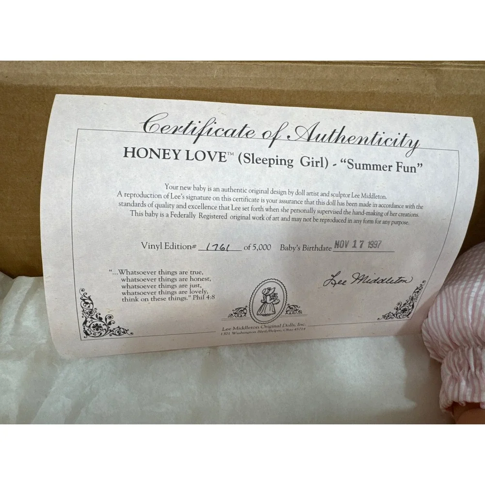 Lee Middleton Honey Love Sleeping Girl Summer Fun‎ Vinyl Doll 1997 COA 1761/5000